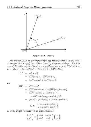 x
y
P(x,y)
P'(x',y')
θ
(0,0)
~ 2.3 Αναλυτική Γεωμετρία. Μετασχηματισμών.
Σχήμα 2.48. Σ-:ροψή.
or Λ1+:Ψ~
IOPIωsφ r~ + IOPIsi11φ ι.:Ξ,
ΙΟΓΊ ωsφϊ:i. + ιοr1 lsinrpι.°;1
ΟΡ' x 1P].+y'P2
IOP1 lωs(Θ + φ) ϊj + IOP'Ie>in(Θ + rp)ι.~
IOP'I(ι:osf:i("()~φ - si11f:i~inφ) ϊϊ
+IΟΤ'Ί (sinOco:=:rp+ ωsOsinφ) ι.°;2
(,nυsf:i - ysίnf:i) τιι.r~ + (,1:si11θ + 'ff('O~f:i)()
= ,nυsf:i - :ι;~inf:i }
·υ' = .rsiπ θ +_ψ:οsθ
το ο-ποtο μ;-:οpεt να εχψpαστεί με μορφή -π~νάχων:
209
 