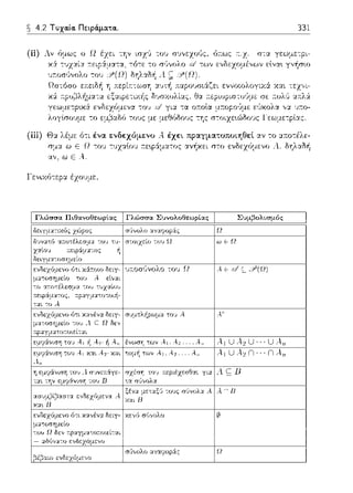 ~ 4.2 Τυχα.ία. Πειρά.μα.τα..
(ii)
331
εlνα~ γνήσω
81.1..ιιοpιυpιο ,υ6μιο οιο .ιυ/·/ι
ε,~χολα ,,-:1 υ:το­
σcc,cyεcώόοcς l εωμε-:p~ας.
(ίίί) Θ:χ λέμε ότι ένα ενδεχύμενu ..-iέχει πραγματuπuι.ηθεί. αν το :χ:n:ο-:έλε­
σμα. ω Ε Ω -:ου -:υχαlου r:εφάμα.τος ανήκει στο ενδεχόμενο Α.. δηλαΩή
αν. ω Ε ....
ενδει.(ψε'ιιο όcι κανένα δε~γ- χεν6 σ1',νολο
μ:ι-:οσημείu
1
του !:δεν ;-;p~~γμ~cοrωιεί-::αι 1
,= αδυν:ι-::ο Ε'ιιδεχο:πνο ,
1βέβαιο ενδεχόμενο I σιJνολο αν:χφοp-:ί.ς
Συμβολτ.σμός
Ω
ω Ε::Ω
λ'
··· ΠΑ.rι
1"
 
