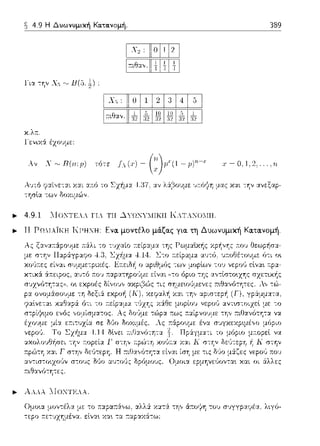 4.9 Η Δυωνυμική Κα.τα.νομή. 389
l"ια την Xc, '""13(5.1}
κ.λr..
l"ενιχά έχουμε:
1 ,- 11ο11 Ι 2 1
1,ηθο,, 11ω1 ! 1
1Χ,• 11Ο l1 12 13 1415 1
ι ,ηθ,,. ιι b ι f, ι ~ ι ~ ι f, ι b ι
Αν Χ'"" R(ιι;p) τότε J_(χ)= χ= Ο, 1,2 ..
Αυ--:ό ?::,:ί,,ε:--::χι χ:χι :χ:π:ό το Σχ-fμ:χ 1.:37.αν λ:::(5ουμε ~,τ:ό1~η μας χ:1ι --:Ύjν αvεξαp­
τησlα των δοχιμών .
.... 4.9.1 llΩ:""ΤΕΛΑ ΓΙΑ ΤΗ ....).ΥΩΝΥΙΙΙΚΗ ΚΑΤΑΝΩΙΙΗ .
..,. ΙΙ ΡΩλΙΑΪΚΗ ΚΡΗΝΗ: Ενα. μοντέλο μάζας για τη Δυωvυμική Κα.τανομή.
λς ,,,,α,n,co·,αc
.... ΑΛΛλ "'ΓΟΝΤΕΛλ.
Ομο•.α μοντέλα με: -:ο ;.:χpα~:iνω. αλλ:i :r.::xτ:i --:ην &~οψ'Ι το,) σ:;γγpαψέα, λ•.γϊι­
τεpο .--.ε--:vχΎjμέvα, εlνα•. χα•. τα ~αpαχά--:ω:
 