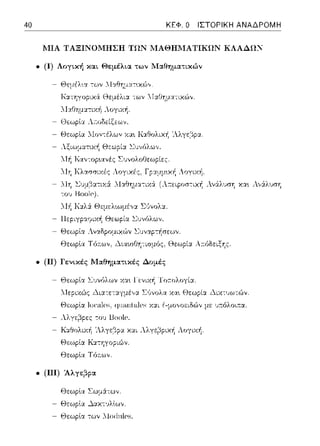 40 ΚΕΦ. Ο ΙΣΤΟΡΙΚΗ ΑΝΑΔΡΟΜΗ
ΙΙΙΑ ΤΑΞΙΝΟΜΗΣΗ ΤΩΝ ΙΙΑΘΗΙΙΑΤΙΚ!!Ν ΚΛΑΔΩ'ί
• (Ι) Λογική και Θεμέλια των l'lαθηματικών
Κ::ηηγοpιχ,::Χ Θεμέλι::t -:ων Γ:χΟΎjμα-:ιχu')ν.
- Λ-Ια.Θημ:χτιχf1 Λογική.
- Θεωplα :.Ιον-:έλων χα•. Κ:::ι:Θολιχf, 'λλγε,:::ίp::t
- λξιωματυc/1 Θεωpί::t ~υν6λων.
Τ:Γ/1 Καν-:(ψ.ανές ΣυνολοΟεωpίε:ς.
- llη ~υμβ:.ιτιχ:i .lαθημα-:ιχά (Α:τειροσ-:ιχή Αν:iλυση χα~ λ,,&λυση
-:ου Koolc).
- Λ-1"~ Καλ:i Θεμελ~uψέ,,:χ Σϊινολ:χ.
- llεpιγpαψιχή θεωρία ~υν6λων.
- Θεωplα Λναδpομιχ,~ν Σ1Jναp-:ήσεωv
- Θεωρlα Τό::ων, .λιαωΘη-:ισμός, Θεωρία. Α:τόδειξης.
• (11) Γεvικές Μαθηματικές Δομές
- Θεωρlα Σ1ηόλων χα•. Γενική Τοa.ολογί:χ.
- Λ-Ιεριχώς ~ι:χτετα.γμέ,,:χ Σύνολα χα~ Θεωρία ~ιχ-:1Jωτών.
Θε:ωplα localcs. φιaπla.lcs χ:χι f-μο,,οε:ιδu')ν με υ:π:όλοι:π:α.
- Λλγε)pες -:0 1J Boolc.
- Καθολιχ-!1 'Αλγεβpα χαι λλγ::)pιχή Λογιχή.
Θε:ωplα Κ::ηηγοpι(;Jν.
- Θε:ωplα Τό::ων.
• (111) Άλγε~p,
- Θε:ωplα Σωμά.των.
- Θε:ωplα των Λloιlulcs.
 