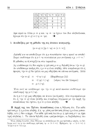 58 ΚΕΦ. 1 ΣΥΝΟΛΑ
1 :i1 ~ 11 ~ 1 :i11
1rψ1111 1111 1
1 1
Αρα :υ;.ιού οι -:1J:r,:o~fJ => rι και ,η -=>,μ έχο•;,, -:ον ίδιο αλ1ι80:τίνακα,
έχο:.ψ.ε ό-:ι (p =}- q) Ξ (,q '* ,p). --11
]. Α;:οδεί.ξεις με τη μέθοδο της εις άτοπον α;:αγωγής.
Δηλαδή
ξουμε
(rJ=;-η)Ξ[(ρΛ,ηJ =>- Λ,r"J].
να αποδε[ξn'Jμε όπ η JΙ σuνεπiγπα:ι
ότι r;]) ι --,ιJ σιJVεπiγετχι μια
11μέθοδος αυ-:-!1 σ:Ύjpίζε-:αι στα :τ::.φαχά-:ω:
,Γ.Ί
λς 1π0Θέσο1ψε ϊηι δεν ισzGει η ,φό-::::ι:σΎj p =>q. έσ-:ω ,(p ==>q)
Αν υ::οθέσουμε :χχόμη ό-:ι, η fJ-=> η αληθής, α,,α:_ιένουμε ότι
άρνηση ,(p =}- q) Θα 1ψέ1τει ,,α μας οΩΎjγήσει σε χ:i1το~α αντt7::.ωη.
,(,p 1/ q) (llαpά:Ωειγμα (1))
,(,p) / (,q) (vfJμoς -:0 11 Dc :.Ιω·gηη)
1' Λ (~q).
'Ητσι αντί να π;11 ,(p =}- q) χα:πi χα11όvα '.Jπnθέω'.Jμε τr;v
-:ότε rΓψr.εpαίνουμε
 