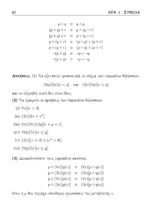 62
p/q
(p< q)
(pV q)
11ι (qν ι·Ι
]) i (q ι Γ)
,(μ Λ ιι)
,(ρ / q)
q.ιρ
JJ/1.(q /1.r)
fJ 1/ (q
(Jι ι q) / (ρ /1.r)
(j,Vq)<(pV1·)
,μ / ,rι
ΚΕΦ. 1 ΣΥΝΟΛΑ
Ασκήσεις. (1) Να εξε-::::ι:σ-:εί 11:ροσεκτυ<ά: το vfJημ.α των a.:::φακά:τω δηλώσεων
(V71)(3.,·)[.,·< 11] χα, (3x)(V71)[x< 71]
εξηγηθεί γι:χτί δε,, lδ~ες.
(2) ="::χ γpαyo·J,, οι αργ~σεις -:ων r.αραχ:iτω δηλώσεων:
(i) V,)[, > :η.
(ii) (3χ)[3., ~ χ2].
(iii) (Vxl(Vz)(371Jlx+ 71~ .,]
(;v) (V11)(3x)[x<;11].
(v) (3χ)[(.,· > 2) Λ (χ·'~ 9)].
μ) (V11)(3x)[x<;11].
(3) _},ιχαωλογείστε -:ους ;-::;ι:pαχ:iτω χα,,(;νες:
p< (V.10)[q(x)]
p < (3x)[q(x)]
μV (V.,·)[,ι(χ)]
11 < (3χ)[,ι(.,)J
(V.10Ju,Vq(x)]
βχ)[μ <q(x)]
(V.1%1V11(x)]
(3χ)[p<,ιί.(]]
 