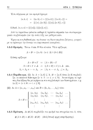 72 ΚΕΦ. 1 ΣΥΝΟΛΑ
Έτσι σ(ιμφωνα με τον ορισμό έzουμε:
(α,lι. ('i ((α;b),ι:) = {{(α,lι)} {(α,lι).ι:}} =
{{{ο}, {α, Ι,)). {{{α), {α. Ι,)), r})
lόcδcχό, (α, α, α) ~ {{{α)), ( {{ο}), α )}.
Α:τό τα r:αpα;-::iνω cραlνεται τω,, σJ,,τομογpα-
'F.zοντας ιττη Ωιϊι:()εrΓ~, μc1.ς την έννοια -:ου (ι::ι.τε:τ::;ι_γμένου ζε1~γο1,ς. μ:τοpr/;­
με να ορίσουμε -:Ύjν έννοια -:ov χ:::ι:p-:εσ•.ανο(ι γ•.νομένο'J.
1.5.3 ΟρLσμός. 'F:σ-:ω Α κ::tt R δι)ο σ<,,,ολ':J... Τότε οpίζο~ψε:,
ΛχΒ,~{(α.b) (αε.ί)Λ(bεΒ))
Εκlσης οpίζοvμε
ΛχΒχΓ
AxlJxl·xΔ
Λ1 χ Λ2 χ · · · χ Λ.rι
1.5.4 Παράδειγμα.
(Λ χ Β) χ Γ
((AxiJ)xl)x.:I χαc,
(Λι χ··· χ Λιι Ί) χ .1,,.
ό:του [u,b] συμ,:::ίολί­
Αντω-:οίzως οι σχέ­
των Ωι:.ω--:ημ:iτων. π..χ.
(ii) As Α ~ {α 1 ,α 2 . ·• · ,α,,,} χα•. R ~ {b1,b2 .... ,b,,) οότε,
(ιιrιι,lι1). (0 111.l!rι)
)
1.5.5 Πρόταση. Λν #(Λ) σuμβολ{ζει ων αριΘμύ των στοιχείων τω Λ. ωτε.
#(Λ χ Β) = #(.1) · #(Β) (Πολ/σπχή αpχή απαp{&μησr;ς).
 