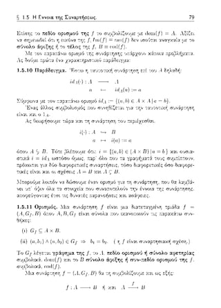 ~ 1.5 Η Εννοια. της Συναρτήσεως. 79
σο,aι.,ωccc,,ηε με dorn(..f) = .1. ΛΞίi::ει
ισοϊJται αναγκαία με -:ο
ορισμό -:ης
,_~ δu,)μt: ,ι"'ώ ι:.:ι; t.ν:.:ι: f:J:?•...(JHrjp'.0 ,ιχύ
ίιl1(·) :.1 Λ
ίrl.4.(α)
Ας Θεωρήσουμε -:ώρα χα~ τη r;•;,,:iρ-:ηση -:0·1 :τεριέχεσtrα~.
ί(-) π
α Γ""""7 i(α) := α
Jl:OU O::tλ:χμβ:i­
έννο•.α -:Ύjς σ'Jν?'.ρ-:ησης
αr.οyεϊJγοντας έ-:σ~ τις δ1Jνα-:ές :n:αρα,,οf1σεις και
1.5.11 Ορισμός. ΛΙια
(A.,G1.B) όr.01J A.,D,G1 εlνα~
Θψ.:ες:
(i) G1 ς; ..! χ Β.
δι:::ι:τεταγμένη -:pι?'.δ:::ι: .f =
:του ιχ:χνο:τοιούν -:ις :::χρ:χχ6:-:ω r;•;,,-
(ίί) (u,b 1) Λ (α. Ιι2 ) Ε (;/ =}- b1 = Ιι2 . ( Ύj Ι εlνα•. συναpτησ•.αχή σzέση.)
της f, το .4. πεΜο ορισμού ή σύνολο αφετηρίας
χ:χι το Β σύνολο ά?tξης ή σuν-::εδίο οpισμού ":ης .f
f
f : Λ ------+ Β 11 Xclι Λ __, Β
 