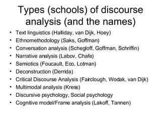 Types (schools) of discourse analysis (and the names) Text linguistics (Halliday, van Dijk, Hoey) Ethnomethodology (Saks, Goffman) Conversation analysis (Schegloff, Goffman, Schriffin)  Narrative analysis (Labov, Chafe) Semiotics (Foucault, Eco, Lotman) Deconstruction (Derrida) Critical Discourse Analysis (Fairclough, Wodak, van Dijk) Multimodal analysis (Kress) Discursive psychology, Social psychology Cognitive model/Frame analysis (Lakoff, Tannen) 