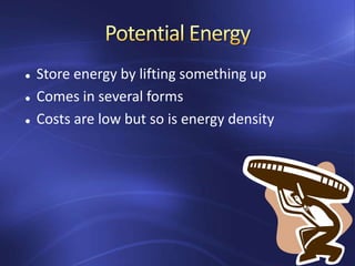  Store energy by lifting something up
 Comes in several forms
 Costs are low but so is energy density
 