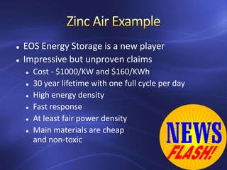  EOS Energy Storage is a new player
 Impressive but unproven claims
 Cost - $1000/KW and $160/KWh
 30 year lifetime with one full cycle per day
 High energy density
 Fast response
 At least fair power density
 Main materials are cheap
and non-toxic
 