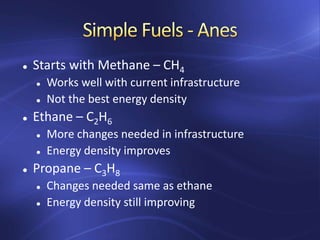  Starts with Methane – CH4
 Works well with current infrastructure
 Not the best energy density
 Ethane – C2H6
 More changes needed in infrastructure
 Energy density improves
 Propane – C3H8
 Changes needed same as ethane
 Energy density still improving
 