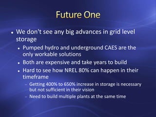  We don't see any big advances in grid level
storage
 Pumped hydro and underground CAES are the
only workable solutions
 Both are expensive and take years to build
 Hard to see how NREL 80% can happen in their
timeframe
Getting 400% to 650% increase in storage is necessary
but not sufficient in their vision
Need to build multiple plants at the same time
 