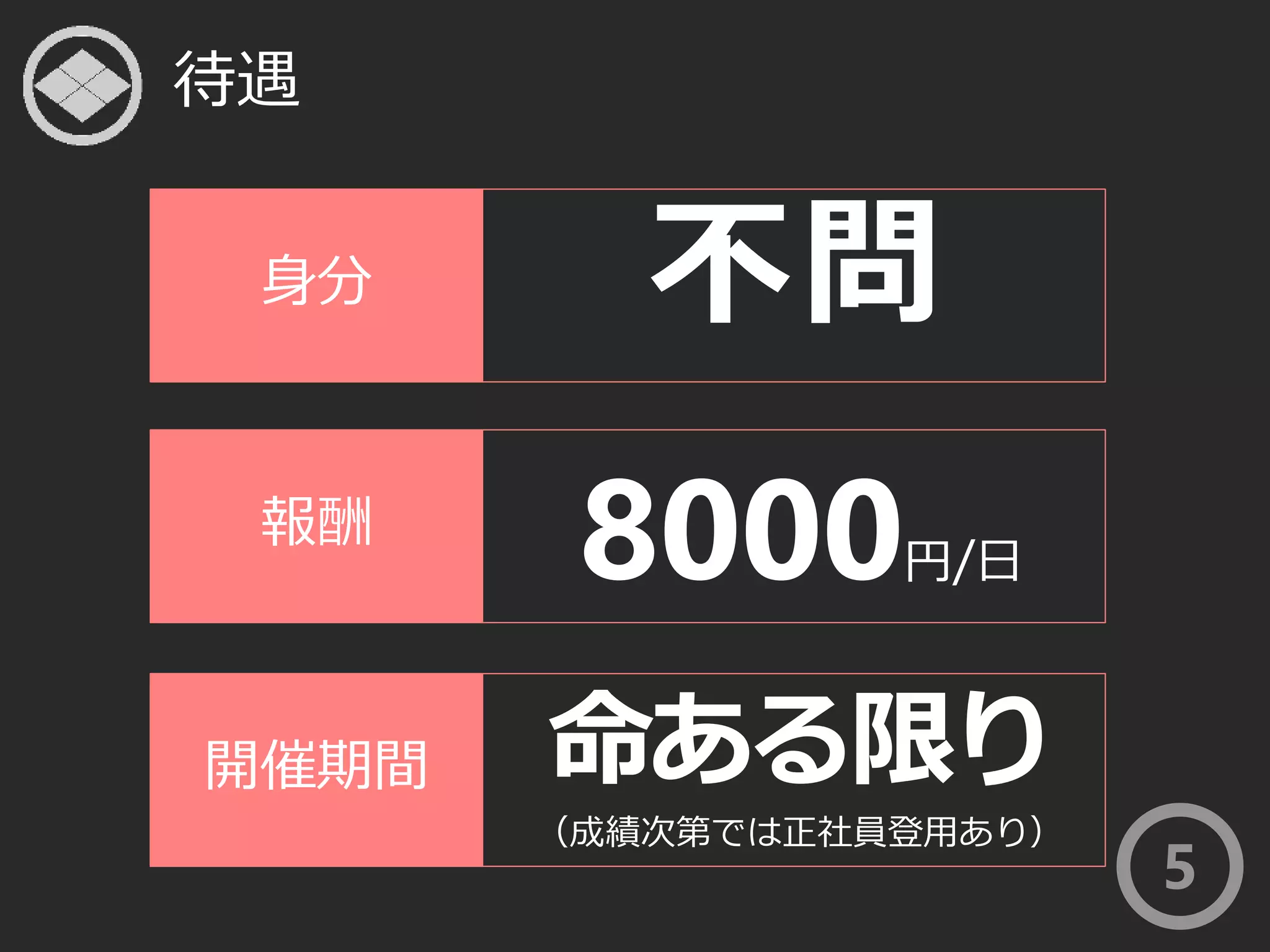 待遇 
身分 
5 
不問 
報酬 
開催期間 
8000円/日 
命ある限り 
（成績次第では正社員登用あり） 
 