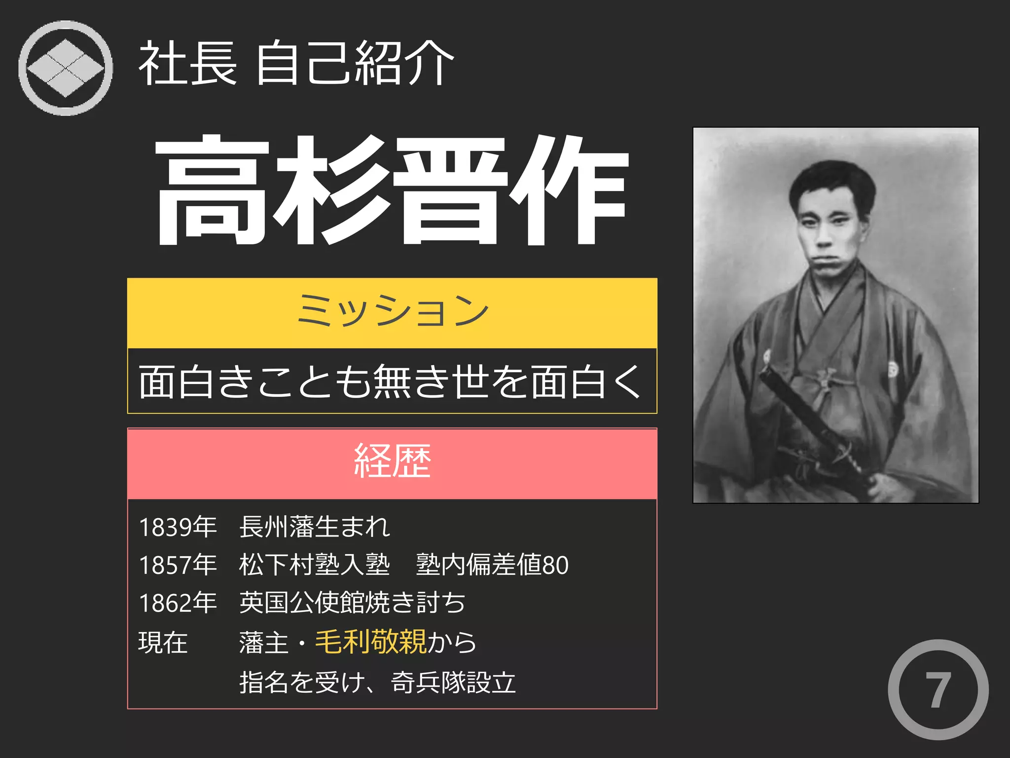 社長自己紹介 
高杉晋作 
ミッション 
面白きことも無き世を面白く 
経歴 
1839年長州藩生まれ 
1857年松下村塾入塾塾内偏差値80 
1862年英国公使館焼き討ち 
現在藩主・毛利敬親から 
指名を受け、奇兵隊設立7 
 
