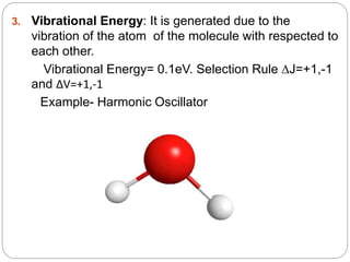 3. Vibrational Energy: It is generated due to the
vibration of the atom of the molecule with respected to
each other.
Vibrational Energy= 0.1eV. Selection Rule ∆J=+1,-1
and ∆V=+1,-1
Example- Harmonic Oscillator
 