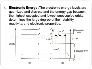 4. Electronic Energy :The electronic energy levels are
quantized and discrete and the energy gap between
the highest occupied and lowest unoccupied orbital
determines the large degree of their stability,
reactivity, and electronic properties.
 