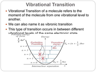 Vibrational Transition
 Vibrational Transition of a molecule refers to the
moment of the molecule from one vibrational level to
another.
 We can also name it as vibronic transition
 This type of transition occurs in between different
vibrational levels of the same electronic state.
 