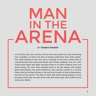 5 
It is not the critic who counts; not the man who points out how the strong 
man stumbles, or where the doer of deeds could have done them better. 
The credit belongs to the man who is actually in the arena, whose face is 
marred by dust and sweat and blood; who strives valiantly; who errs, who 
comes short again and again, because there is no effort without error and 
shortcoming; but who does actually strive to do the deeds; who knows 
great enthusiasms, the great devotions; who spends himself in a worthy 
cause; who at the best knows in the end the triumph of high achievement, 
and who at the worst, if he fails, at least fails while daring greatly, so that 
his place shall never be with those cold and timid souls who neither know 
victory nor defeat. 
MAN 
by Theodore Roosevelt 
ARENA 
IN THE 
 