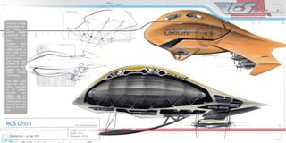 Orion is a large
scale plane car-
rier flying on
electric    power
combined with
a hydrogene ba-
loon.
Equiped       with
“push-pull” pro-
peller engines, it
can cruise at an
average speed
of 0,25 mach.
The large top
surface is cov-
ered with solar
panels to re-
trieve     energy
while flying.

The main flight
deck can open/
close vertically
to let smaller
Caudron       air-
planes go on
mission. Fast re-
fueling decks are
located on each
side of the car-
rier.
 
