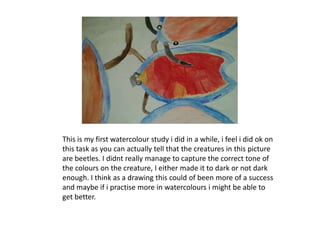 This is my first watercolour study i did in a while, i feel i did ok on
this task as you can actually tell that the creatures in this picture
are beetles. I didnt really manage to capture the correct tone of
the colours on the creature, I either made it to dark or not dark
enough. I think as a drawing this could of been more of a success
and maybe if i practise more in watercolours i might be able to
get better.
 