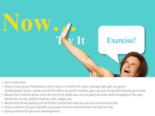 Now…

Try It

Exercise!

• Set a time limit.
• Draw a line across the bottom and create a timeline for your average day: get up, go to
work/school, lunch, sneak out of the office to watch movies, gym, go out, hang with family, go to bed.
• Above the timeline draw icons for all of the tools you use to communicate with throughout the day:
facebook, email, twitter, texting, calls, skype, etc.
• Above that draw pictures of all of the connected devices you use to communicate.
• Draw a picture of your favorite way (and how) to communicate during the day.
• Ask questions for persona development.

 
