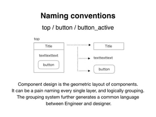 top / button / button_active
Naming conventions
Title
button
Title
texttexttext
texttexttext
button
top
Component design is the geometric layout of components.

It can be a pain naming every single layer, and logically grouping.

The grouping system further generates a common language

between Engineer and designer.
 