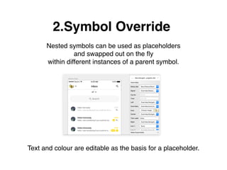 2.Symbol Override
Nested symbols can be used as placeholders
and swapped out on the ﬂy
within different instances of a parent symbol.
Text and colour are editable as the basis for a placeholder.
 