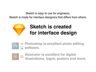 Sketch is created
for interface design
Photoshop is excellent photo editing
software.
Illustrator is excellent for digital
illustrations, logos, posters and more.
📷
🗻
🎨
Sketch is easy to use for engineers.
Sketch is made for interface designers that differs from others.
 