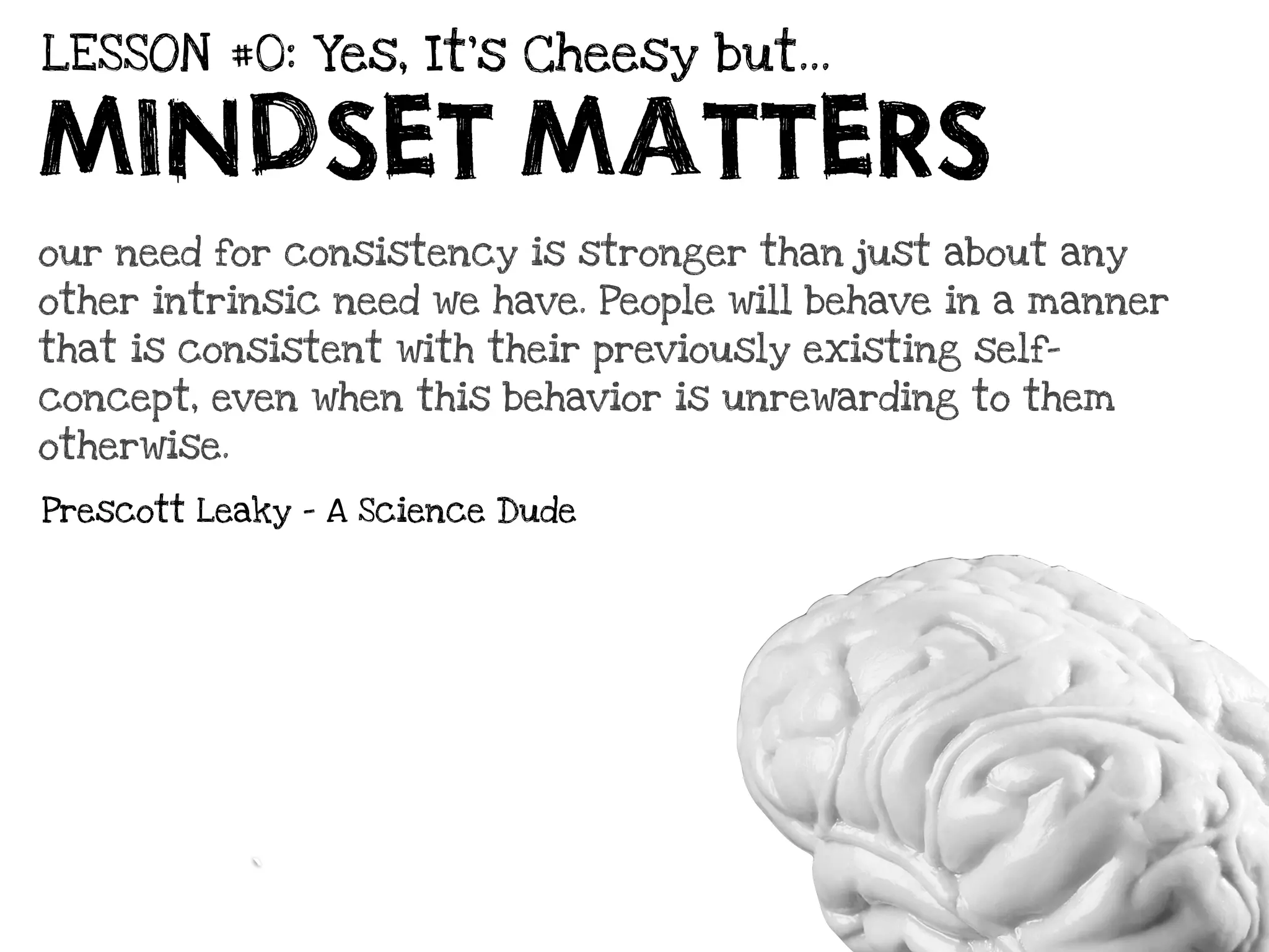 LESSON #0: Yes, It’s Cheesy but...

MINDSET MATTERS
our need for consistency is stronger than just about any
other intrinsic need we have. People will behave in a manner
that is consistent with their previously existing self-
concept, even when this behavior is unrewarding to them
otherwise.

Prescott Leaky - A Science Dude




             `
 