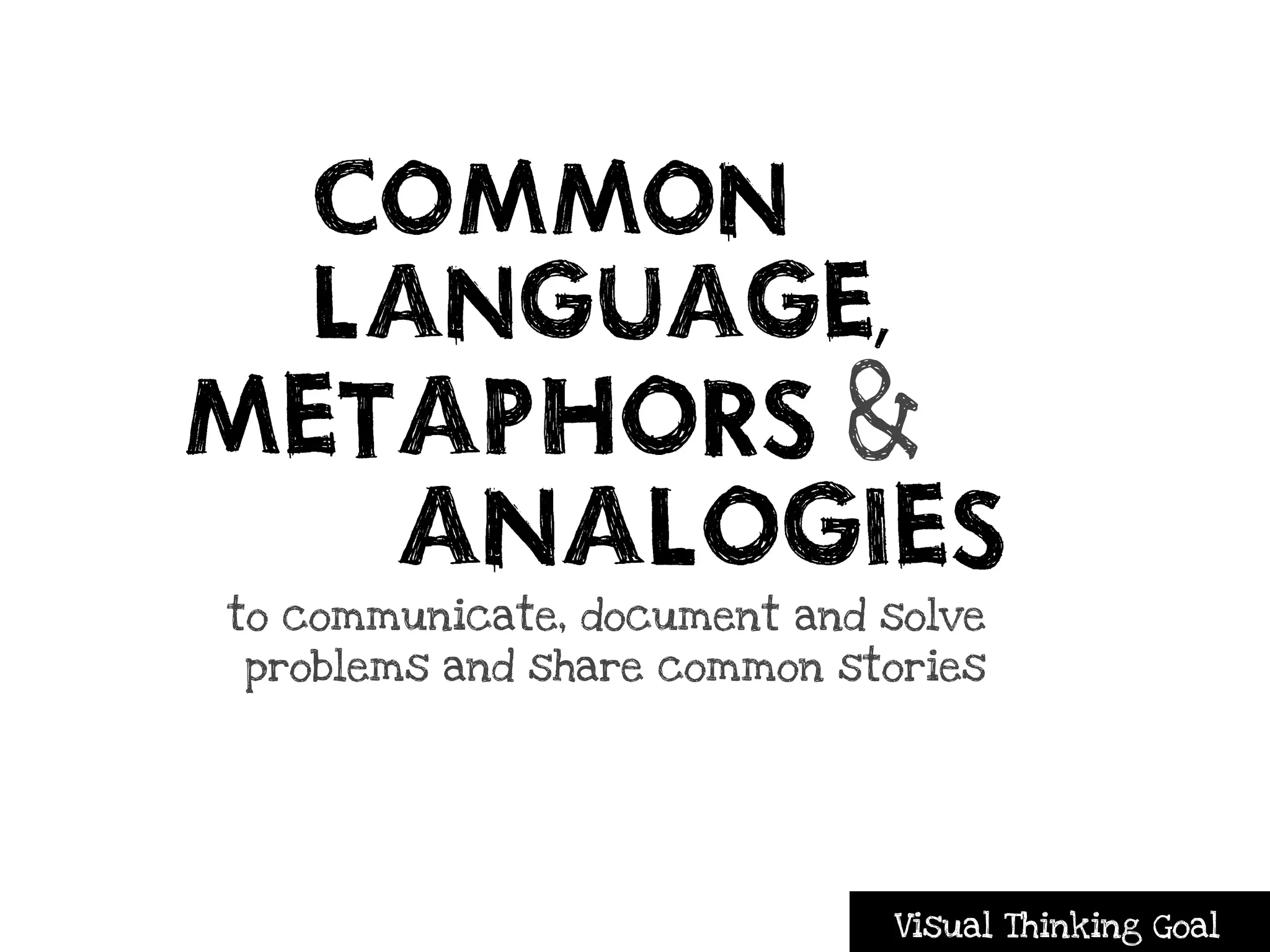 COMMON
   LANGUAGE,
METAPHORS &
   ANALOGIES
to communicate, document and solve
problems and share common stories




                             Visual Thinking Goal
 
