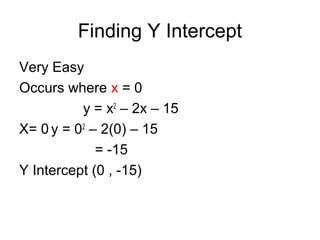 Finding Y Intercept
Very Easy
Occurs where x = 0
y = x2
– 2x – 15
X= 0 y = 02
– 2(0) – 15
= -15
Y Intercept (0 , -15)
 
