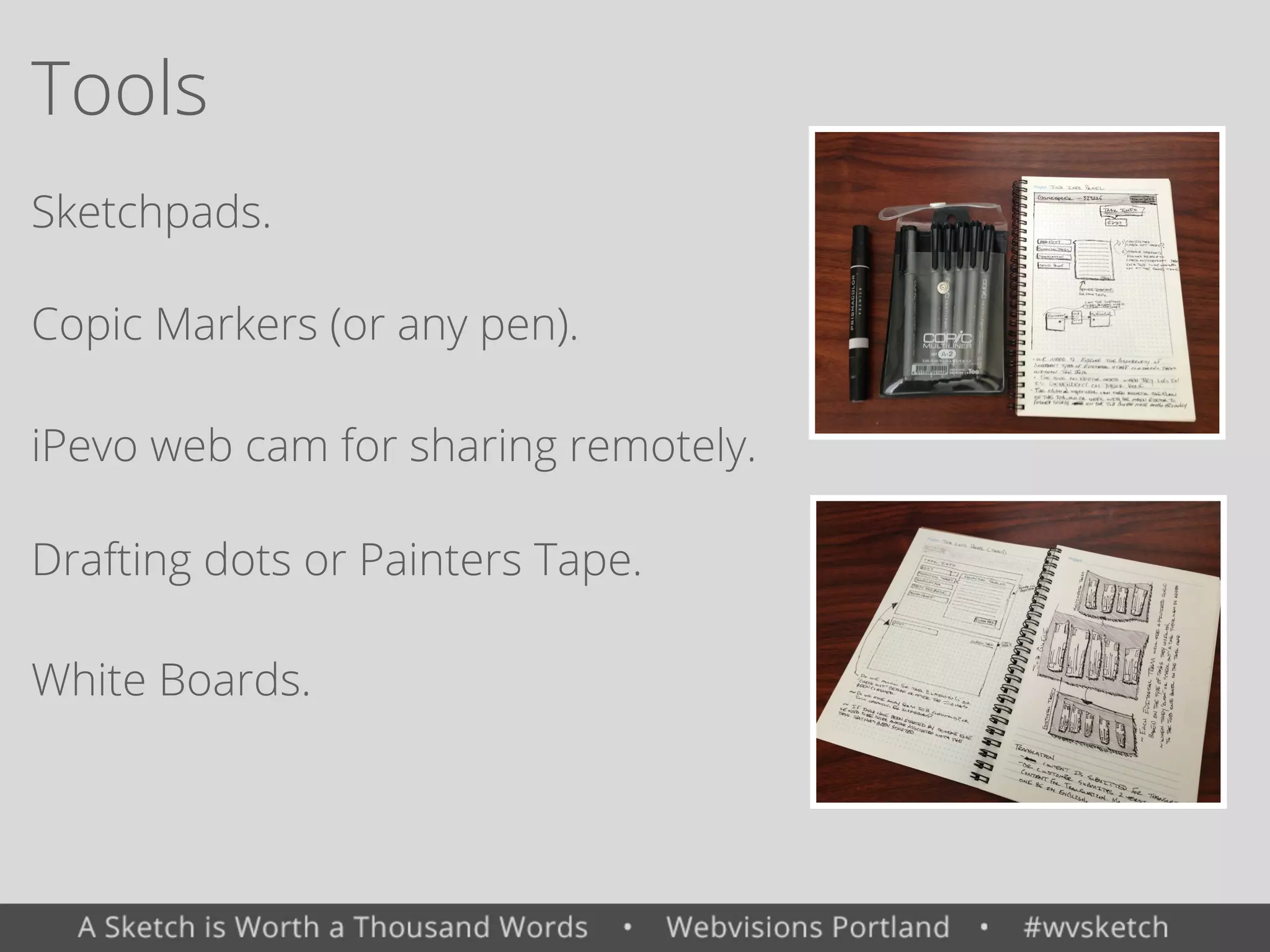 Tools
Sketchpads.
White Boards.
Copic Markers (or any pen).
Drafting dots or Painters Tape.
iPevo web cam for sharing remotely.
 