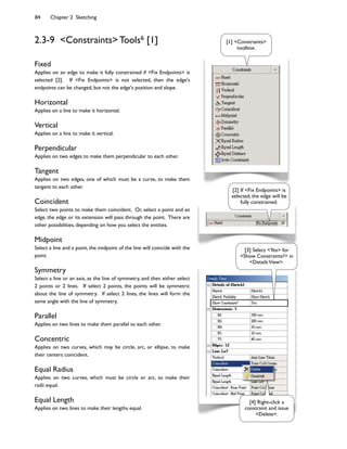 84 Chapter 2 Sketching
2.3-9 <Constraints> Tools6 [1]
Fixed
Applies on an edge to make it fully constrained if <Fix Endpoints> is
selected [2]. If <Fix Endpoints> is not selected, then the edge's
endpoints can be changed, but not the edge's position and slope.
Horizontal
Applies on a line to make it horizontal.
Vertical
Applies on a line to make it vertical.
Perpendicular
Applies on two edges to make them perpendicular to each other.
Tangent
Applies on two edges, one of which must be a curve, to make them
tangent to each other.
Coincident
Select two points to make them coincident. Or, select a point and an
edge, the edge or its extension will pass through the point. There are
other possibilities, depending on how you select the entities.
Midpoint
Select a line and a point, the midpoint of the line will coincide with the
point.
Symmetry
Select a line or an axis, as the line of symmetry, and then either select
2 points or 2 lines. If select 2 points, the points will be symmetric
about the line of symmetry. If select 2 lines, the lines will form the
same angle with the line of symmetry.
Parallel
Applies on two lines to make them parallel to each other.
Concentric
Applies on two curves, which may be circle, arc, or ellipse, to make
their centers coincident.
Equal Radius
Applies on two curves, which must be circle or arc, to make their
radii equal.
Equal Length
Applies on two lines to make their lengths equal.
[1] <Constraints>
toolbox.
[3] Select <Yes> for
<Show Constraints?> in
<DetailsView>.
[4] Right-click a
constraint and issue
<Delete>.
[2] If <Fix Endpoints> is
selected, the edge will be
fully constrained.
 