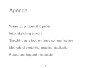 Agenda 
Warm up: put pencil to paper 
Intro: sketching at work 
Sketching as a tool: enhance communication 
Methods of sketching: practical application 
Resources: beyond this session 
3 
 