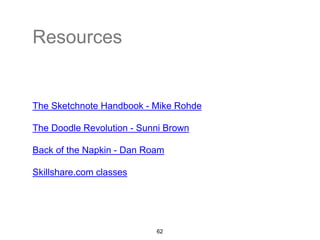 Resources 
The Sketchnote Handbook - Mike Rohde 
The Doodle Revolution - Sunni Brown 
Back of the Napkin - Dan Roam 
Skillshare.com classes 
62 
