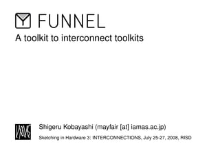 A toolkit to interconnect toolkits




      Shigeru Kobayashi (mayfair [at] iamas.ac.jp)
      Sketching in Hardware 3: INTERCONNECTIONS, July 25-27, 2008, RISD
 