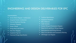 ENGINEERING AND DESIGN DELIVERABLES FOR EPC
ENGINEERING:
 System Block Diagram / Architectures
 Integrated System Architecture
 Network Backbone Drawing
 Schematic Diagrams
 Scope of Work
 Design Basis and Criteria
 Data Flow Diagram
 Equipment Tag List
 Functional Design Specification
 Technical Specification
 Equipment Datasheets
 Bill of Material
 Cable Schedule
 System Wiring & Termination Diagram
 Panel GA/IA and Power Wiring Diagram
 Interconnection and Wiring Drawing
 Fiber Core allocation and Termination Drawing
 UPS Single Line Diagram
 