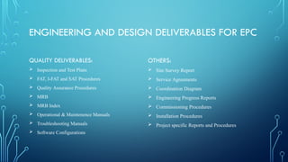 ENGINEERING AND DESIGN DELIVERABLES FOR EPC
QUALITY DELIVERABLES:
 Inspection and Test Plans
 FAT, I-FAT and SAT Procedures
 Quality Assurance Procedures
 MRB
 MRB Index
 Operational & Maintenence Manuals
 Troubleshooting Manuals
 Software Configurations
OTHERS:
 Site Survey Report
 Service Agreements
 Coordination Diagram
 Engineering Progress Reports
 Commissioning Procedures
 Installation Procedures
 Project specific Reports and Procedures
 