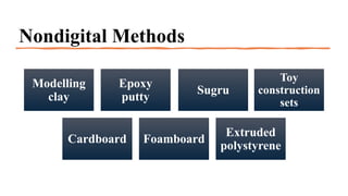 Nondigital Methods
Modelling
clay
Epoxy
putty
Sugru
Toy
construction
sets
Cardboard Foamboard
Extruded
polystyrene
 