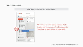 © 2016. L. Vieira Dos Santos | MDI | School of design, Laval U. | 10
| Problems (Example)
User goal : Drag and drop a file into the bin.
When the user wants to drag and drop the file
into the bin, the tree view of his Drive expands.
Therefore, he loses sight of its initial goal.
 