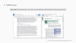 © 2016. L. Vieira Dos Santos | MDI | School of design, Laval U. | 11
| Lacks (Example)
User need : Simultaneously , see notes on his edited file and browse his reference document.
 