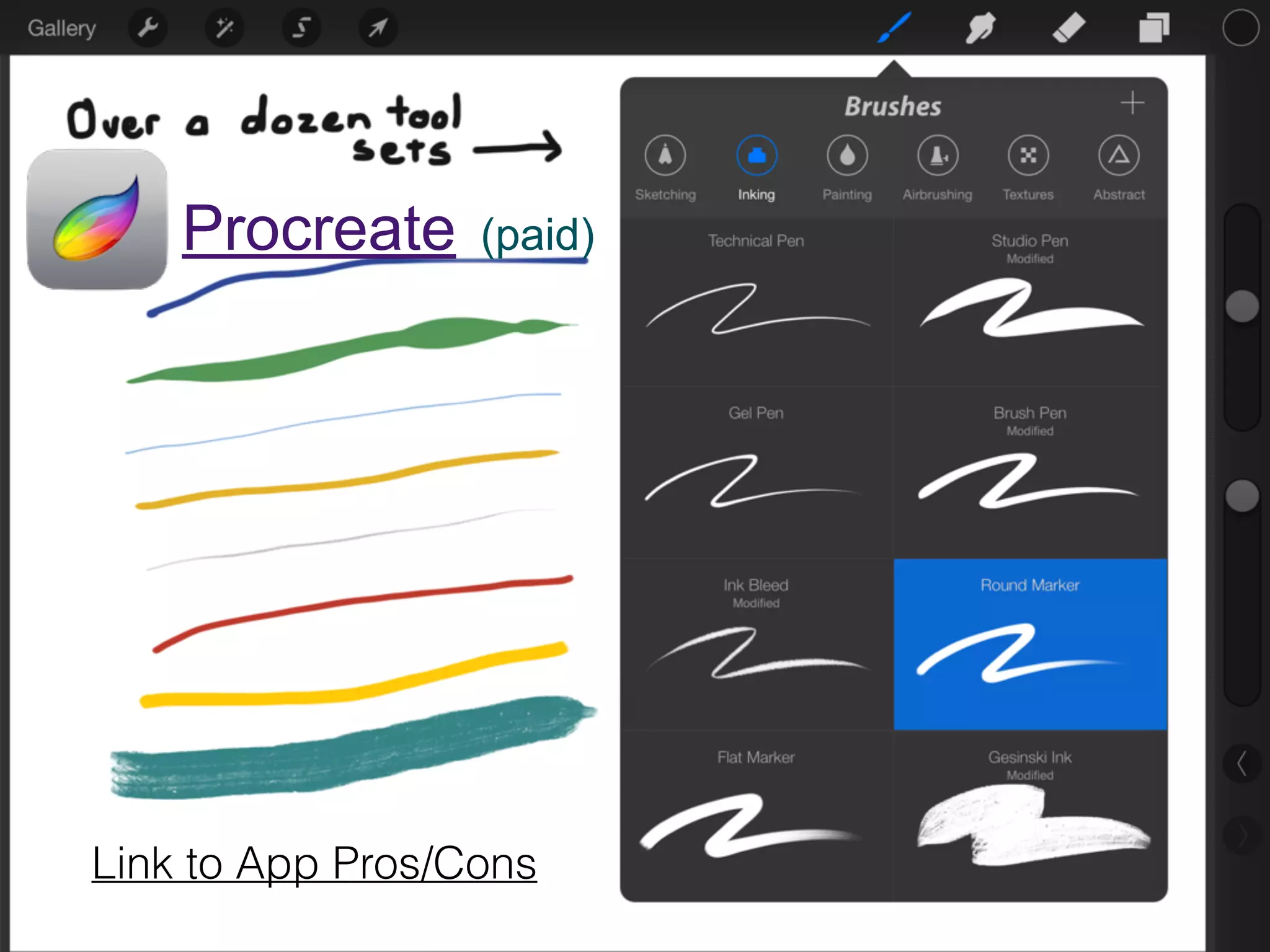 Link to App Pros/Cons
Procreate (paid)
 