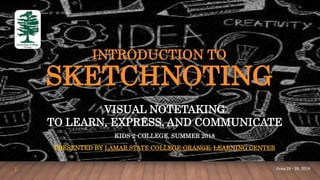INTRODUCTION TO
SKETCHNOTING
VISUAL NOTETAKING
TO LEARN, EXPRESS, AND COMMUNICATE
KIDS-2-COLLEGE, SUMMER 2018
PRESENTED BY LAMAR STATE COLLEGE-ORANGE, LEARNING CENTER
June 25 - 28, 2018
1 June 25 - 28, 2018
 