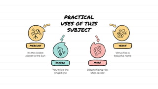 PRACTICAL
USES OF THIS
SUBJECT
It’s the closest
planet to the Sun
MERCURY
Yes, this is the
ringed one
SATURN
Despite being red,
Mars is cold
MARS
Venus has a
beautiful name
VENUS
 