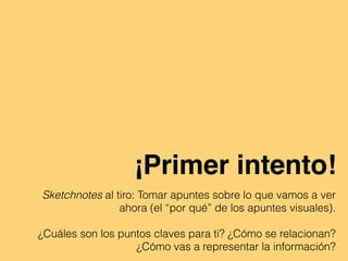¡Primer intento!
Sketchnotes al tiro: Tomar apuntes sobre lo que vamos a ver
ahora (el “por qué” de los apuntes visuales).
¿Cuáles son los puntos claves para ti? ¿Cómo se relacionan?
¿Cómo vas a representar la información?
 