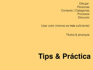 Tips & Práctica
Dibujar:
Personas
Contexto / Categorías
Procesos
Discurso
Usar color (menos es más suﬁciente)
Títulos & jerarquía
 