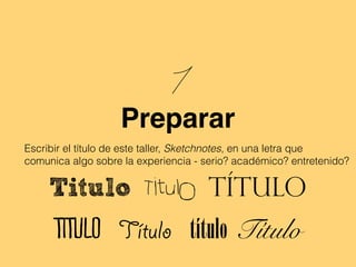 1
Preparar
Escribir el título de este taller, Sketchnotes, en una letra que
comunica algo sobre la experiencia - serio? académico? entretenido?
Titulo Titulo TíTULO
TItulo Título título Título
 