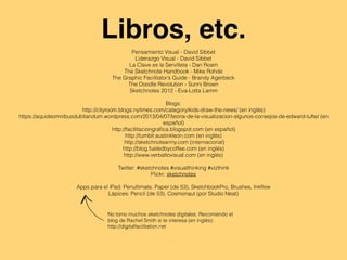 Libros, etc.
Pensamiento Visual - David Sibbet
Liderazgo Visual - David Sibbet
La Clave es la Servilleta - Dan Roam
The Sketchnote Handbook - Mike Rohde
The Graphic Facilitator’s Guide - Brandy Agerbeck
The Doodle Revolution - Sunni Brown
Sketchnotes 2012 - Eva-Lotta Lamm
Blogs:
http://cityroom.blogs.nytimes.com/category/kids-draw-the-news/ (en inglés)
https://aquideomnibusdubitandum.wordpress.com/2013/04/07/teoria-de-la-visualizacion-algunos-consejos-de-edward-tufte/ (en
español)
http://facilitaciongraﬁca.blogspot.com (en español)
http://tumblr.austinkleon.com (en inglés)
http://sketchnotearmy.com (internacional)
http://blog.fueledbycoffee.com (en inglés)
http://www.verbaltovisual.com (en inglés)
Twitter: #sketchnotes #visualthinking #vizthink
Flickr: sketchnotes
Apps para el iPad: Penultimate, Paper (de 53), SketchbookPro, Brushes, Inkﬂow
Lápices: Pencil (de 53), Cosmonaut (por Studio Neat)
No tomo muchos sketchnotes digitales. Recomiendo el
blog de Rachel Smith si te interesa (en inglés):
http://digitalfacilitation.net
 