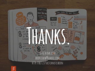 @boonych
Thanks.
!
gluethink.com
boon.chew@gmail.com
http://bit.ly/sketchnotesboon
 