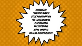 Vocabulary
Overview/review
Book report option
Poster alternative
Peer teaching
Presentations
Movie synopsis
Bulletin Board showoff
 