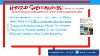 Martin Ricardo Cisneros @TheTechProfe
Hybrid Sketchnotes: lLinks to creative
ideas to combine sketchnotes with other apps and/or software:
1. iBooks Author + audio + sketchnotes: Carol
Anne McGuire's Sketching the Sermon book
2. Thinklink + sketchnotes: Sylvia Duckworth
3. Tellagami + sketchnotes: Greg Kulowiec
4. Photos + sketchnotes: Greg Kulowiec
 