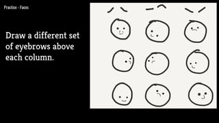 Practice - Faces
Draw a different set
of eyebrows above
each column.
 