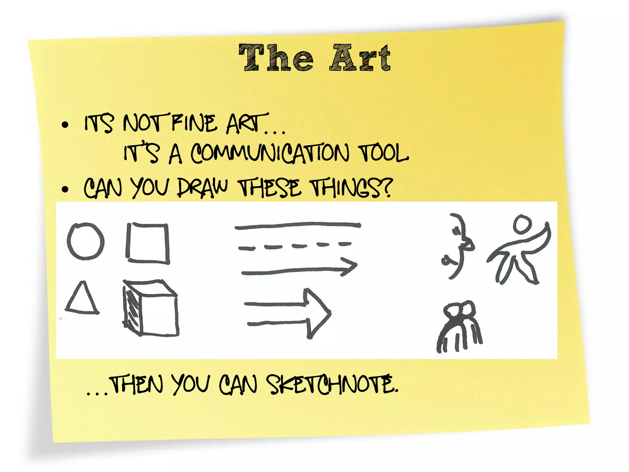 The Art
• Its not fine art…
      It’s a communication tool
• Can you draw these things?




  …Then you can sketchnote.
 